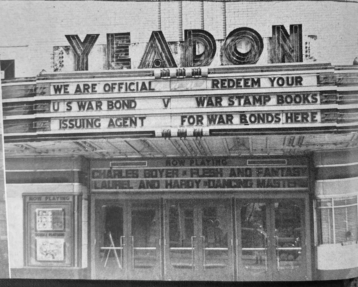 Black-and-white view of the Yeadon Theatre wartime marquee